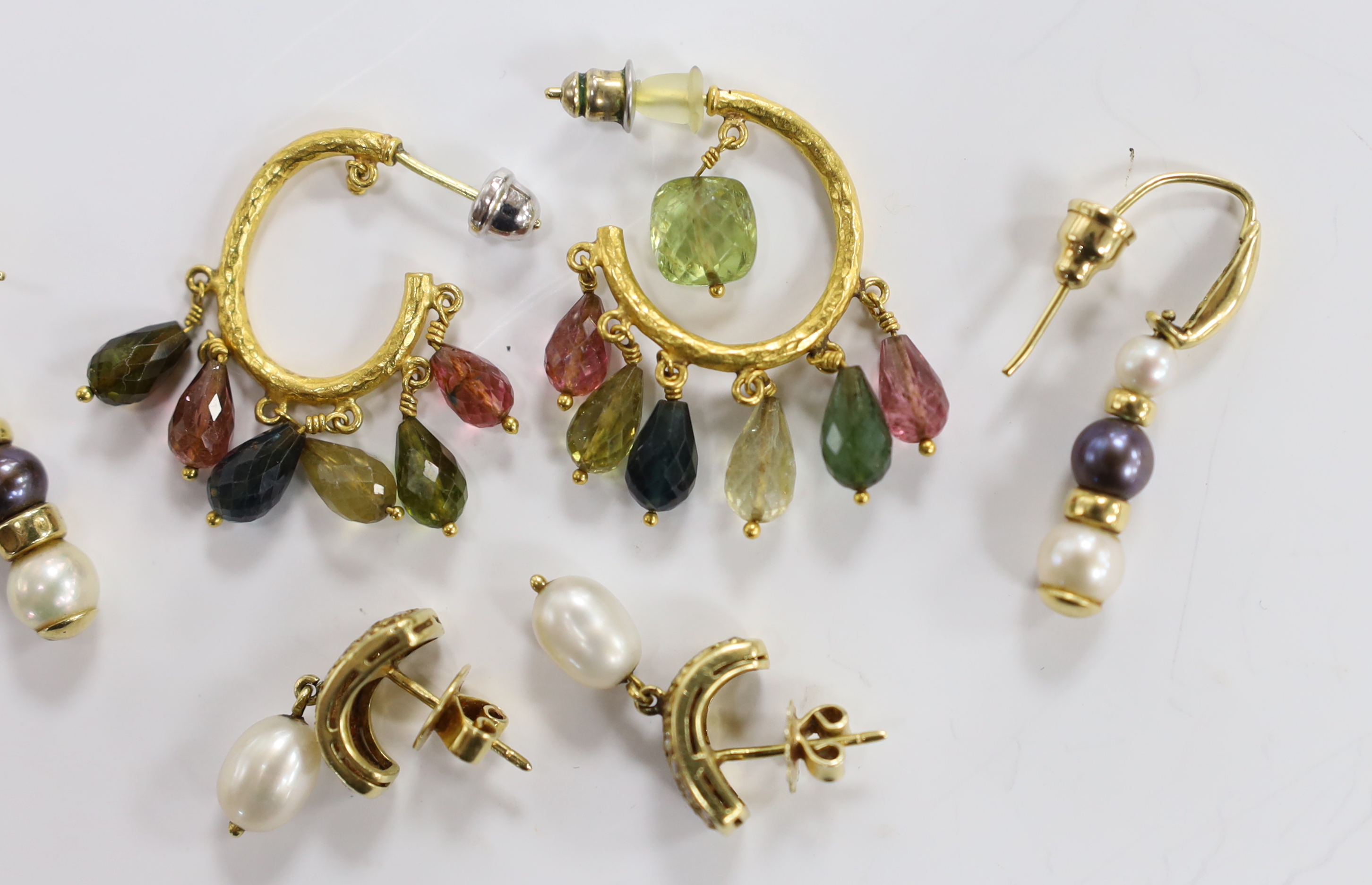 A pair of yellow metal, cultured pearl and diamond cluster set drop earrings, stamped 14, 21mm, gross weight 6 grams and two other pairs of earrings, including gem set cluster drop.